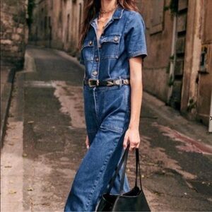 Sezane Manhattan Denim Jumpsuit Jumper Belted Blue Short Sleeve Sz 34 US 2